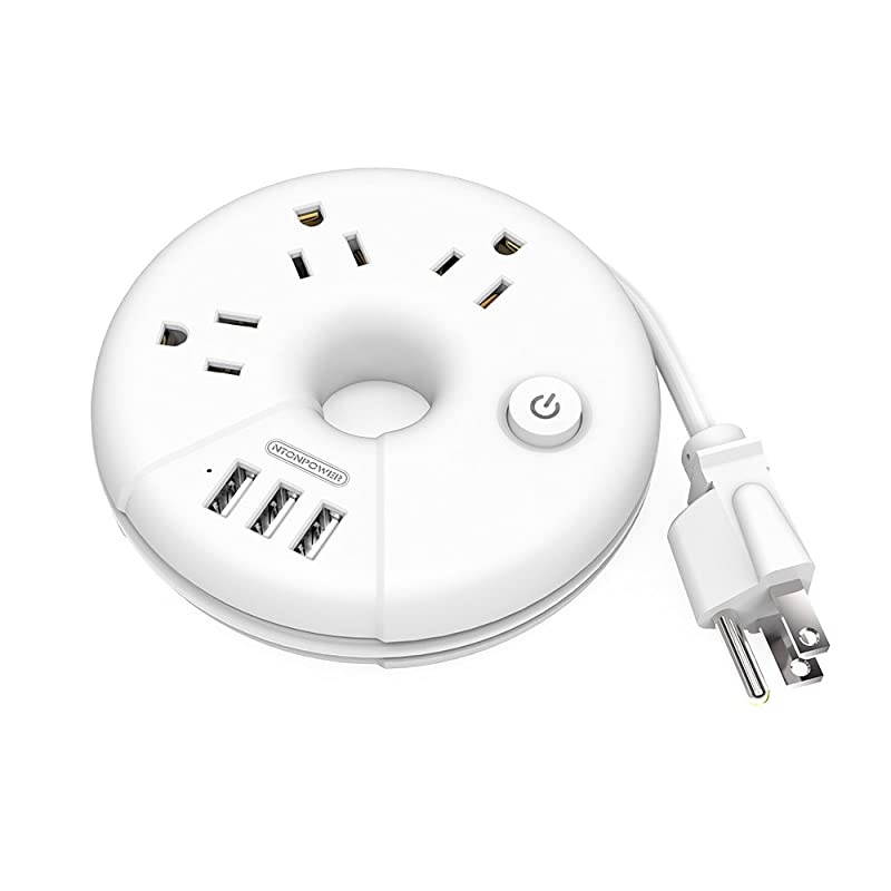 Travel Power Strip  3 Outlets 3 USB Portable Desktop Charging Station Short Extension Cord 15 inch for Office Home Hotels Cruise Ship Nightstand White