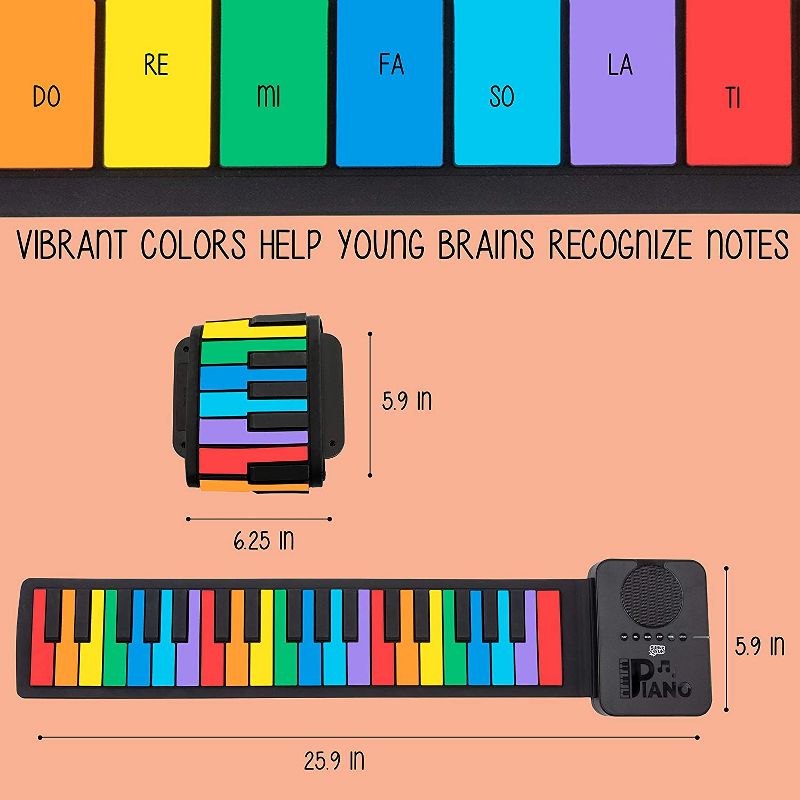 Sunny & Fun 37-Key Roll-Up Piano with Speaker | Battery Operated Portable Electronic Keyboard with 10 Instrument Sounds, 8 Demo Songs, Play-Along Mode, USB Cable & Carry Case