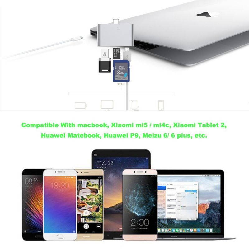 USB Type-C Memory Card Reader OTG Adapter, Multi-Functional Card Reader HUB Reversible Portable PD Charging for Apple MacBook, Huawei MateBook, Xiaomi Tablet 2 (Silver)