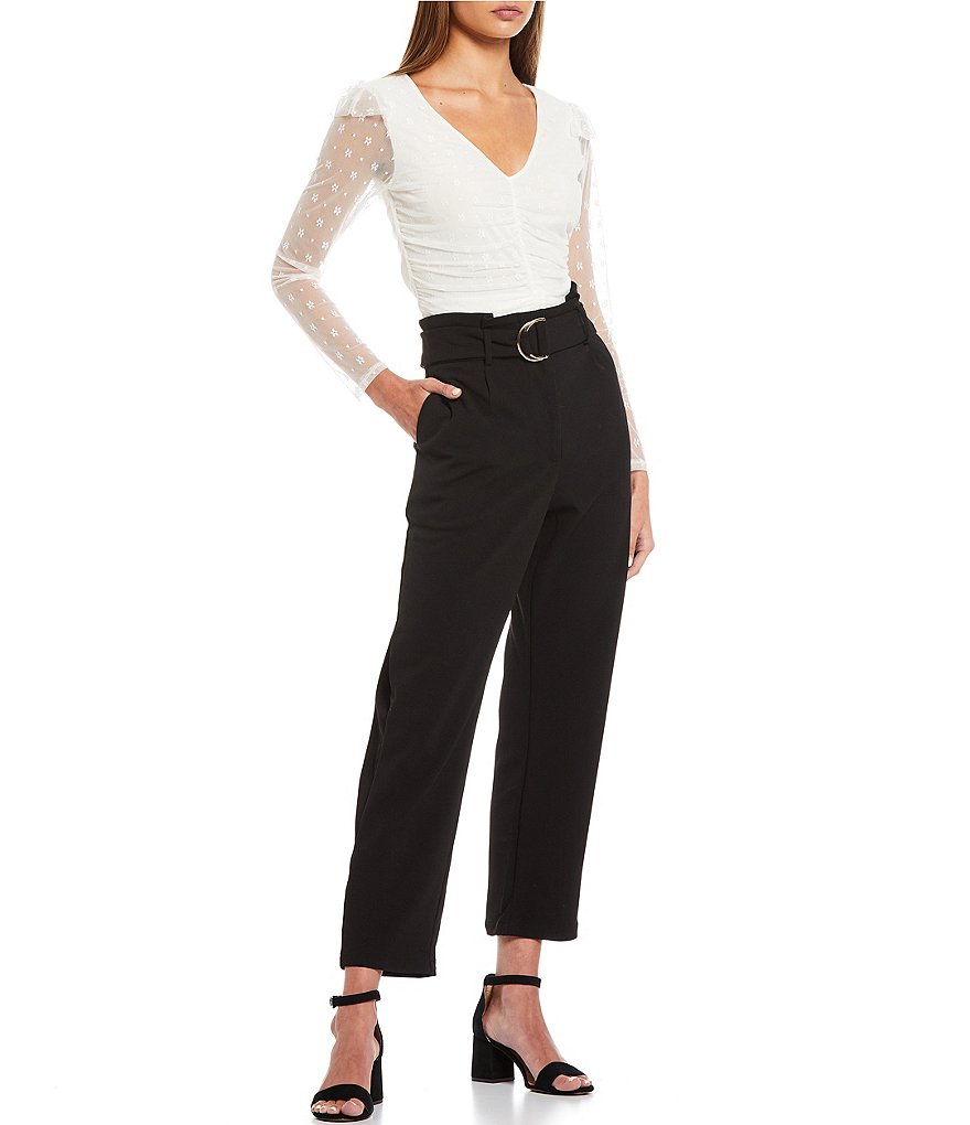 June & Hudson Ruffle Mesh Long Sleeve Ruched Front Top