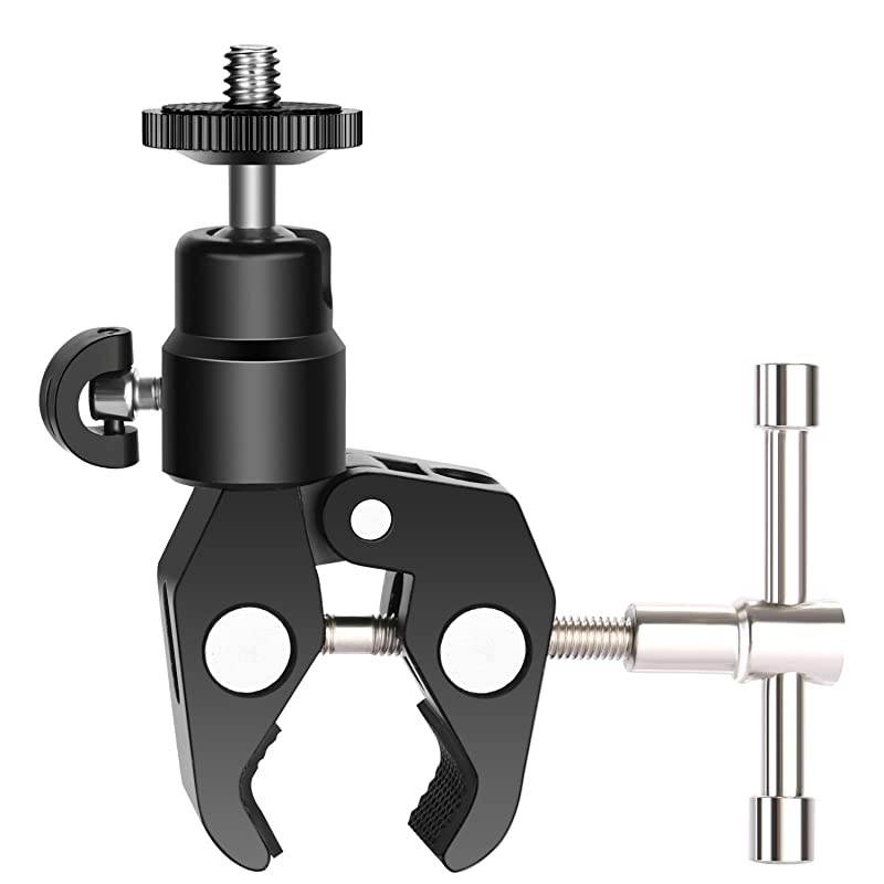 Metal Adjustable Camera Large Super Clamp and Ball Head Hot Shoe Mount Adapter with 1/4 inch Screw for DSLR Film Movie Rig, Monitor, Flash, LED Lights, Track Slider and Light Stand