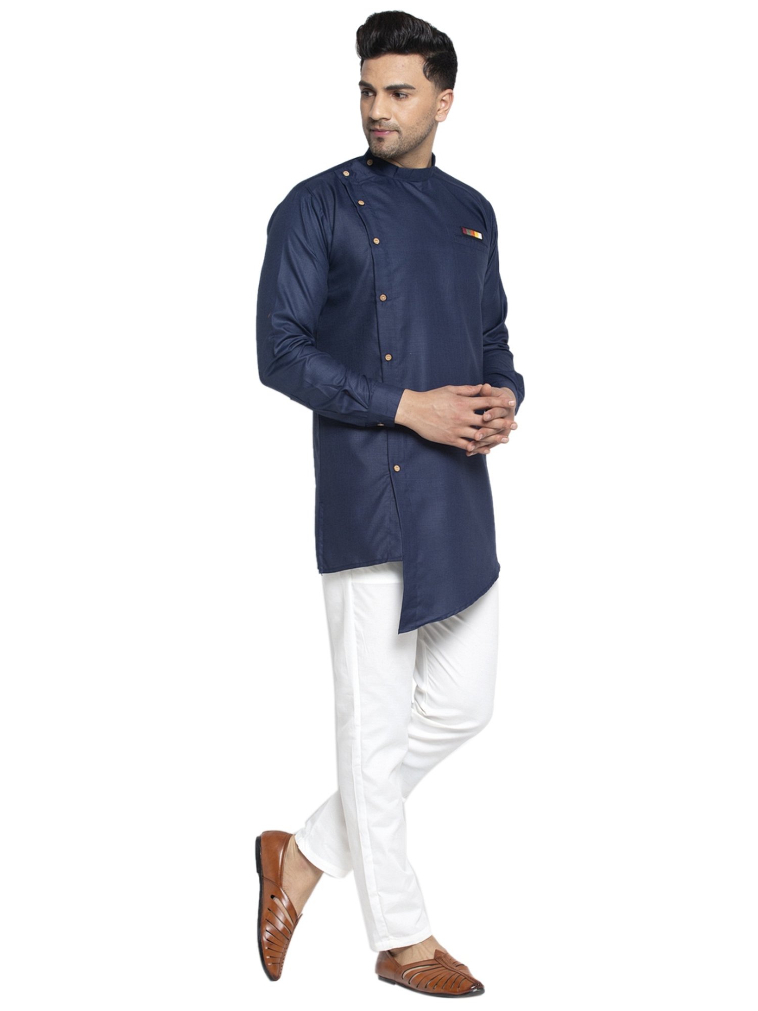 Benstoke Navy Blue & White Cotton Regular Fit Kurta Set
