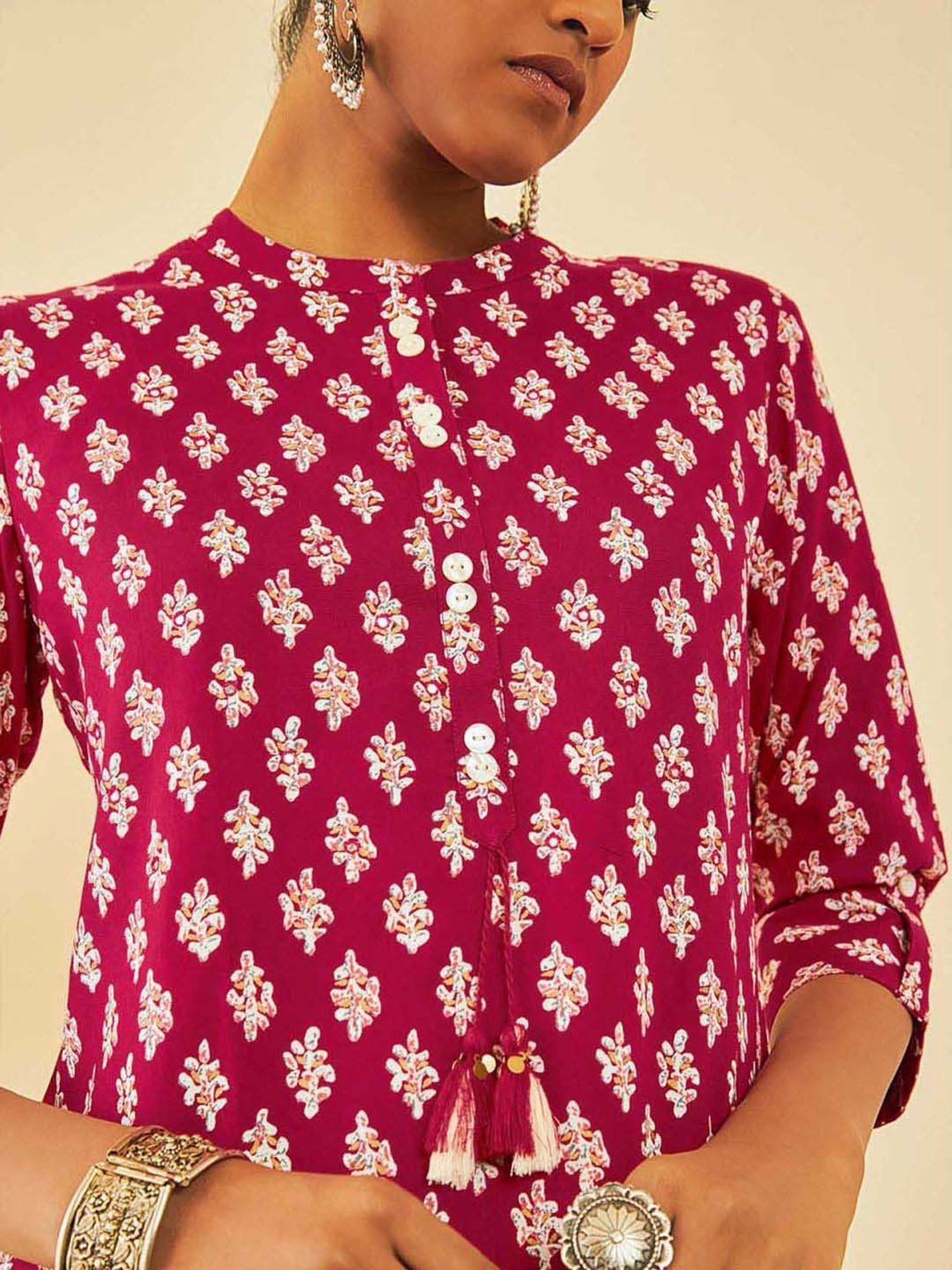 Soch Red Rayon Floral Printed Tunic With Faux Mirror