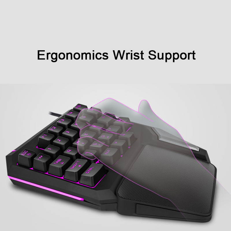 HISPETECH Delux T9 Pro 7 Colors LED Backlit Single Hand Professional Gaming Keyboard Wrist Support 1.8m USB Wire Anti-Ghosting Keyboard for PC Computer Desktop