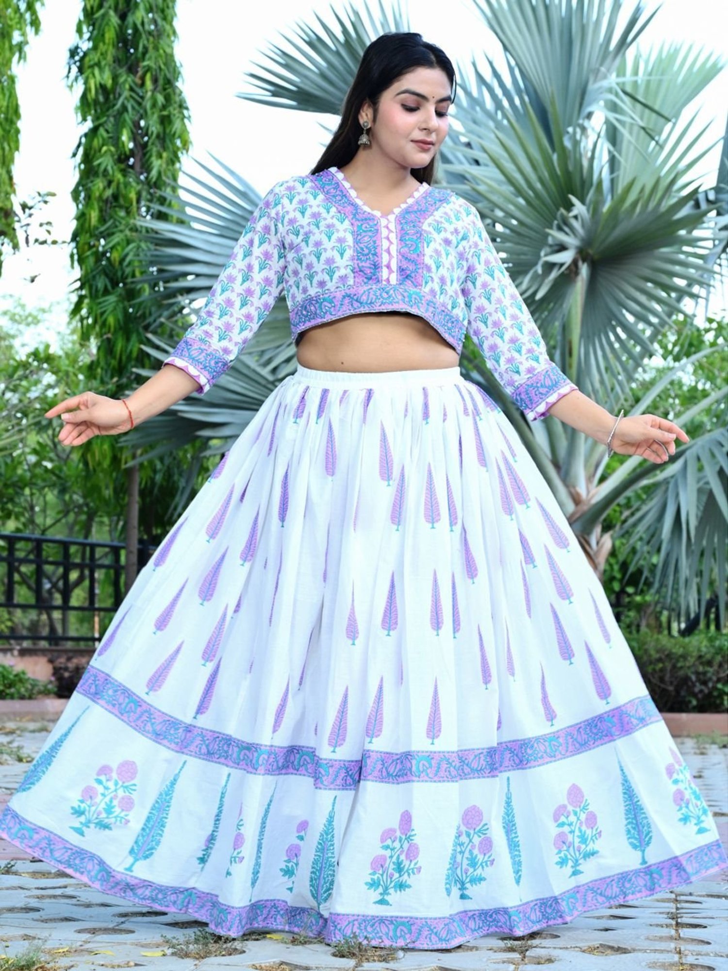 Zolo Label White & Purple Cotton Printed Lehenga Choli Set With Dupatta