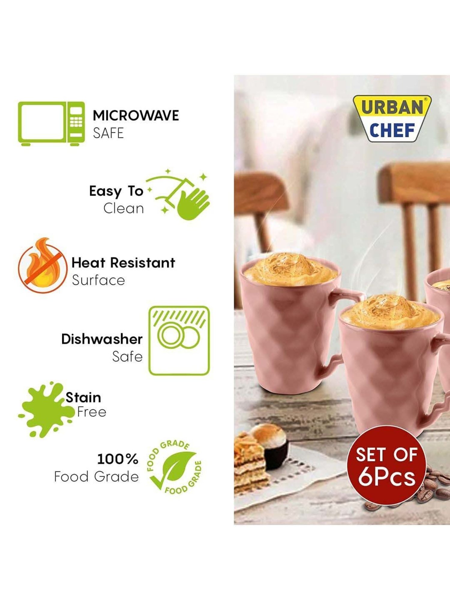 Urban Chef Pink Ceramic Microwave Safe Coffee Mug (0.225 L) - Set of 6