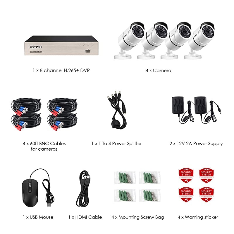 8CH 1080P Security Camera SystemH265+ 5MP Lite 8Channel HDTVI DVR and 4PCS 1920TVL Outdoor Indoor Weatherproof CCTV Surveillance Camera with 120ft Night Vision Motion AlertNo Hard Drive