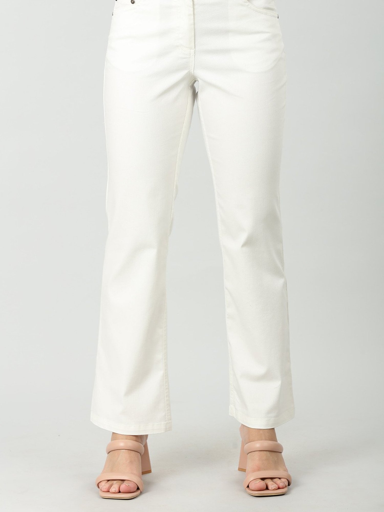 Mustard White Crepe Regular Fit Mid Rise Pants