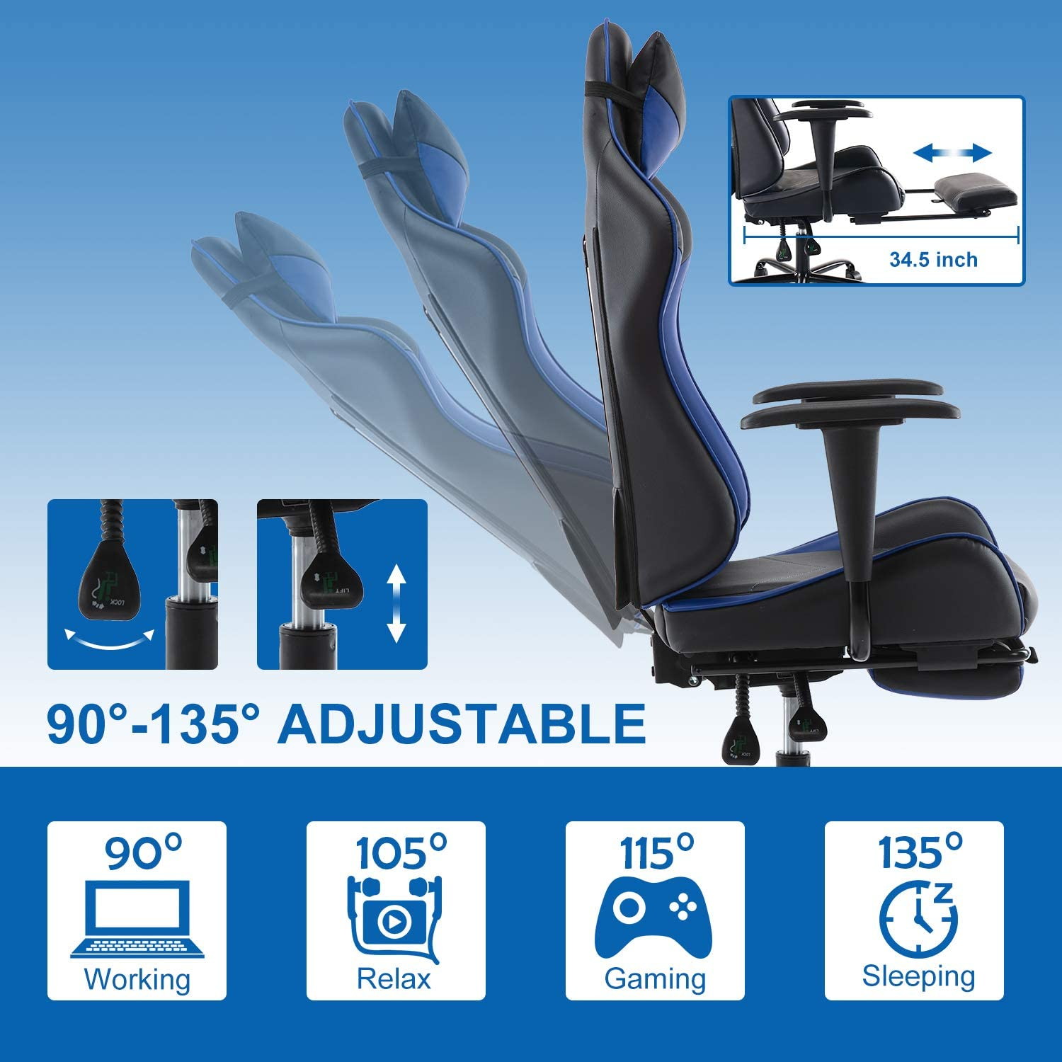 SMUGDESK Gaming Chair with Footrest Racing Style Recliner with Lumbar Support, Ergonomic Office Armchair for Computer PU Leather High Back Desk Chair Headrest Swivel Rocking Desk Chair, Blue