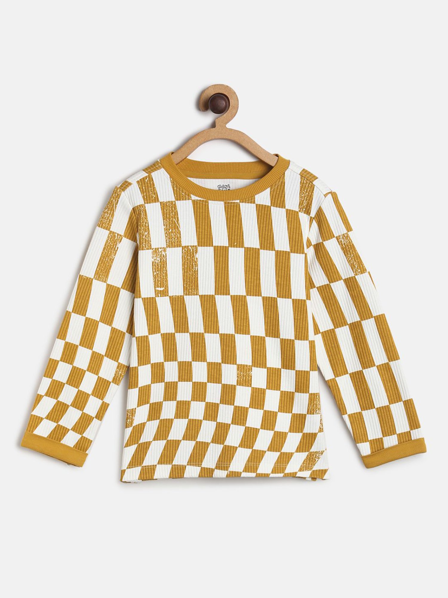 MINIKLUB Kids Mustard Checks Full Sleeves T-Shirt