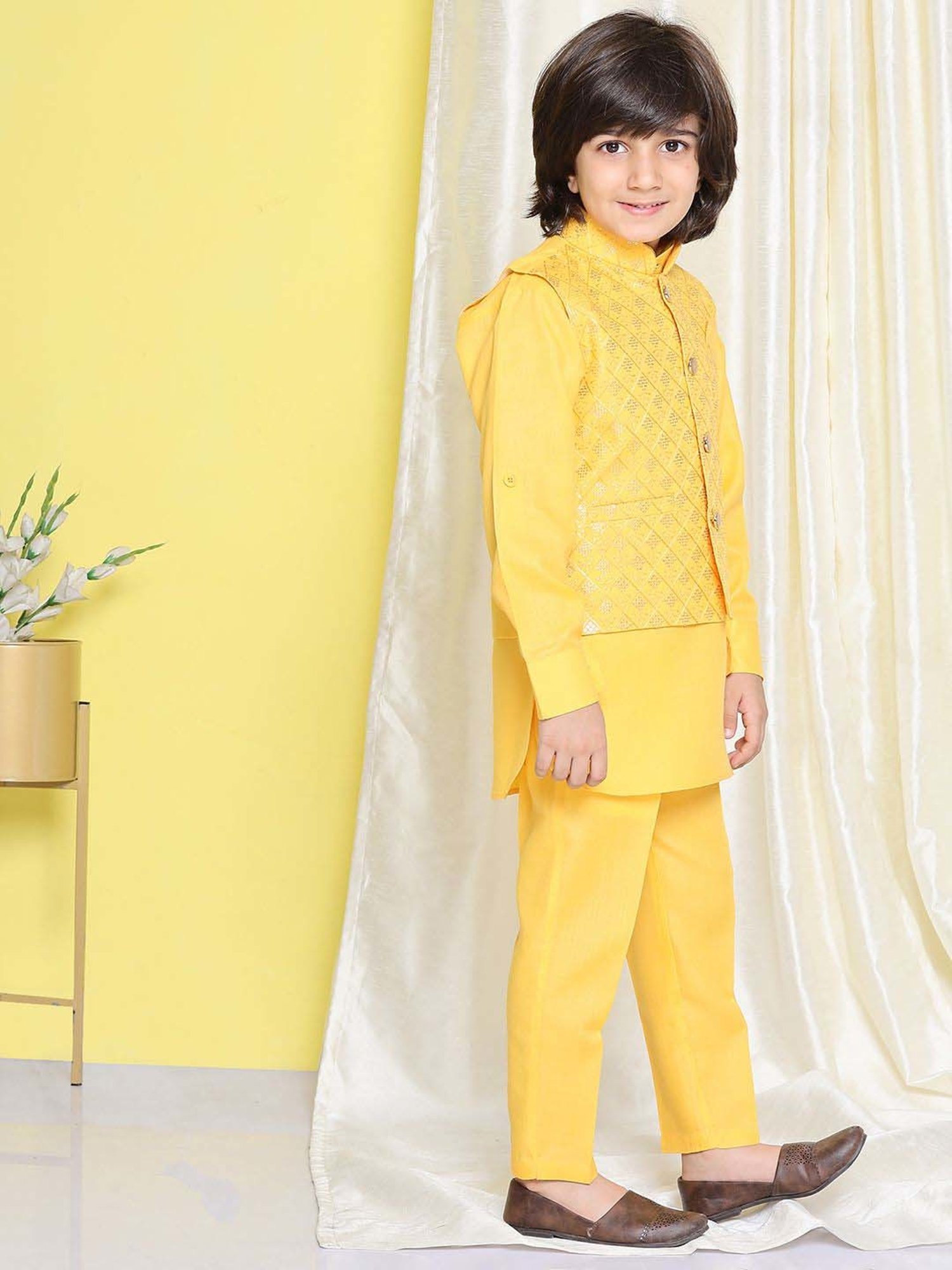 AJ Dezines Kids Yellow Cotton Embroidered Full Sleeves Kurta Set