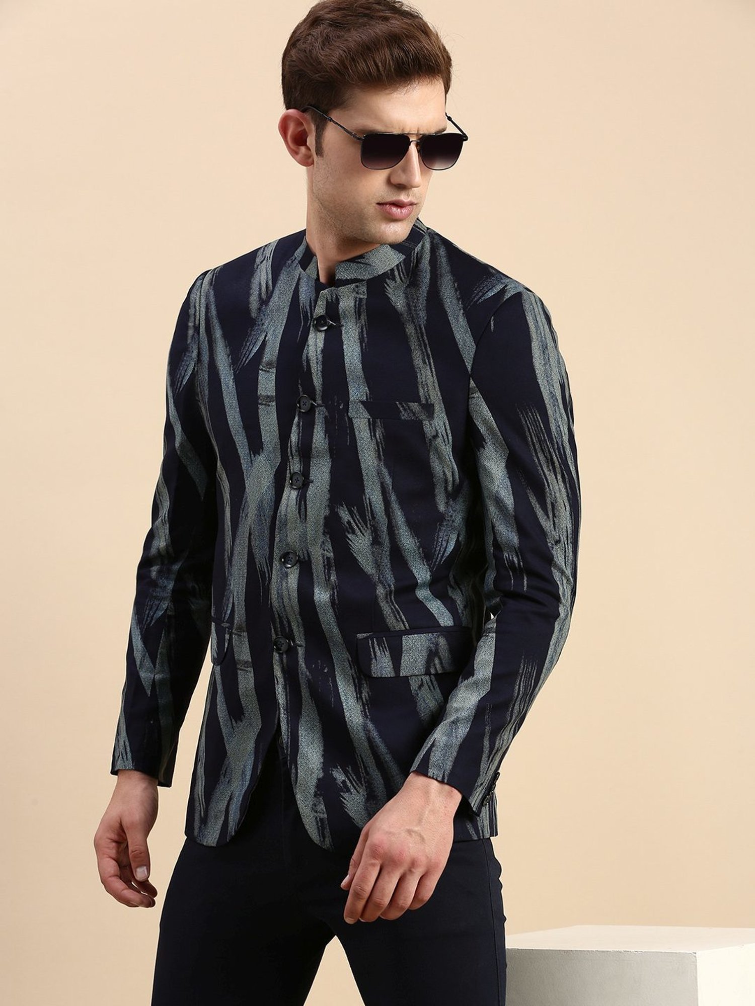 SHOWOFF Navy Blue Cotton Slim Fit Printed Blazer