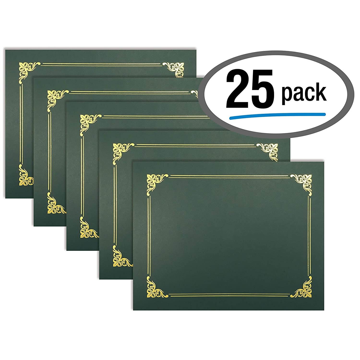 25 Pack Green Certificate Holders, Diploma Holders, Document Covers with Gold Foil Border, by Better Office Products, for Letter Size Paper, 25 Count, Hunter Green
