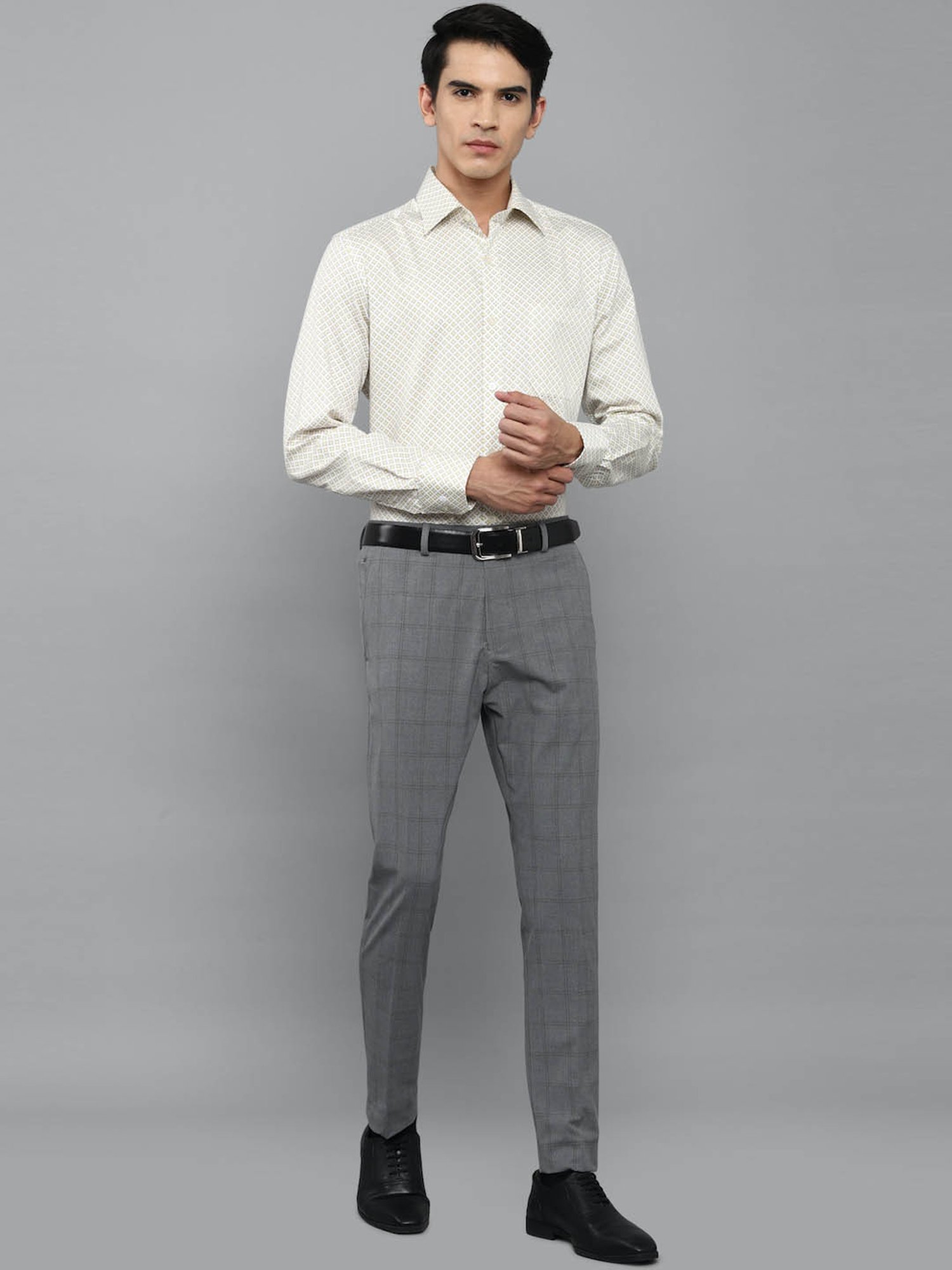 Louis Philippe Grey Regular Fit Checks Trousers