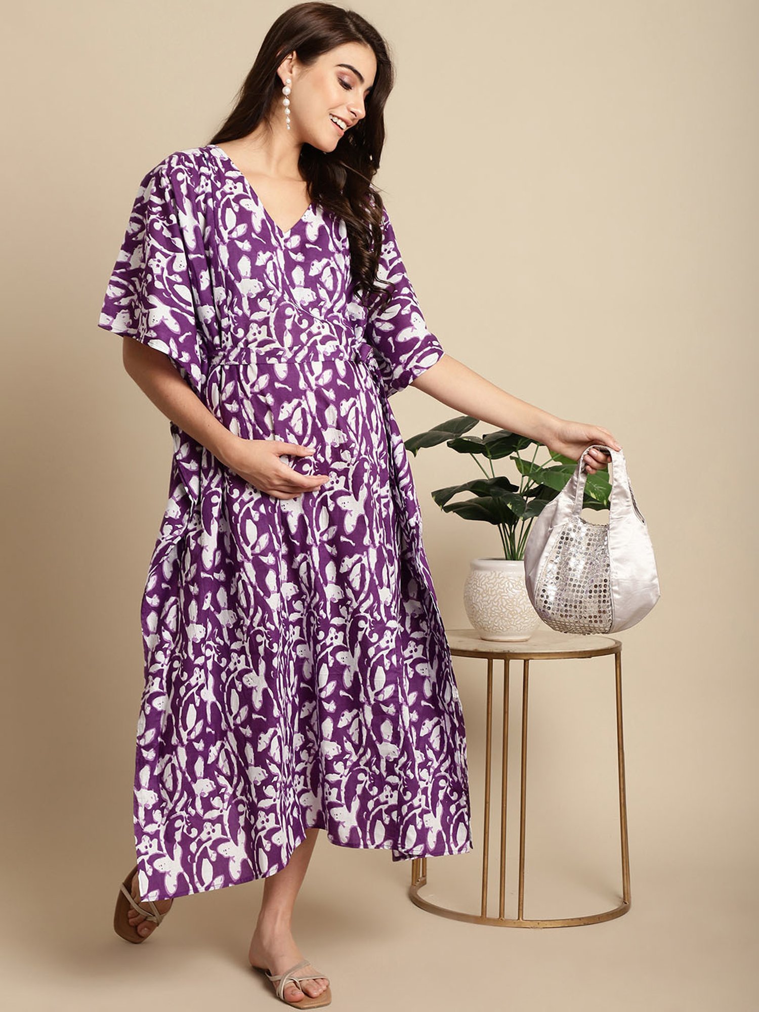 Secret Wish Purple Floral Print Maternity Kaftan Nighty