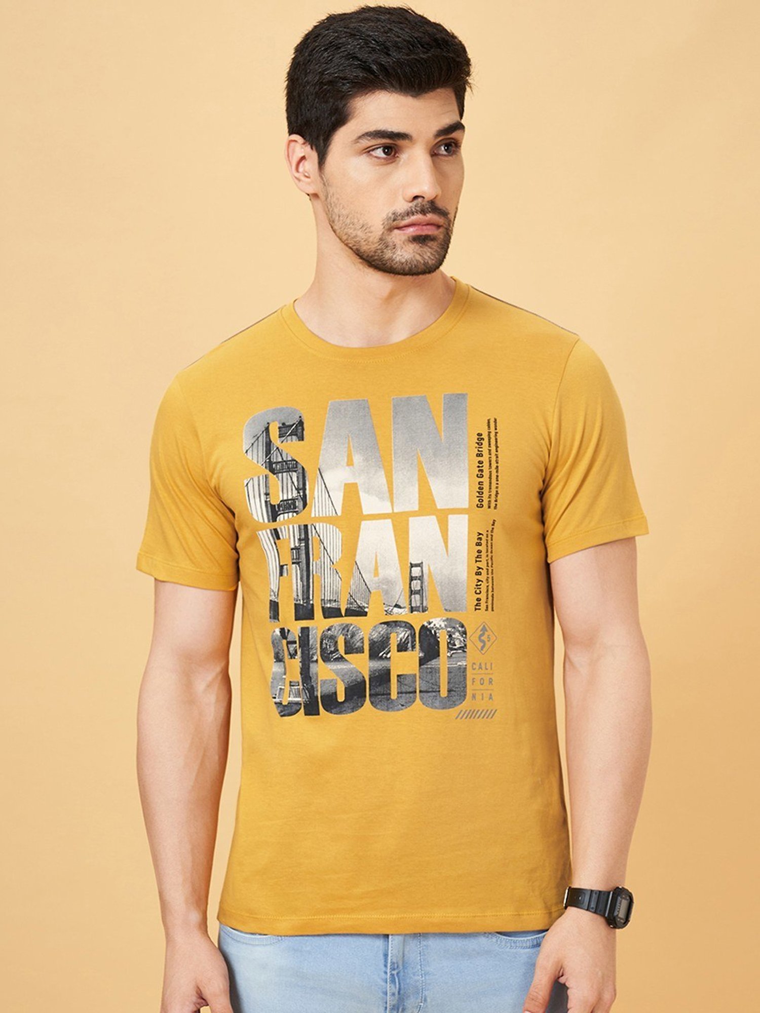 Sf Jeans By Pantaloons Yellow Slim Fit Printed T-Shirt