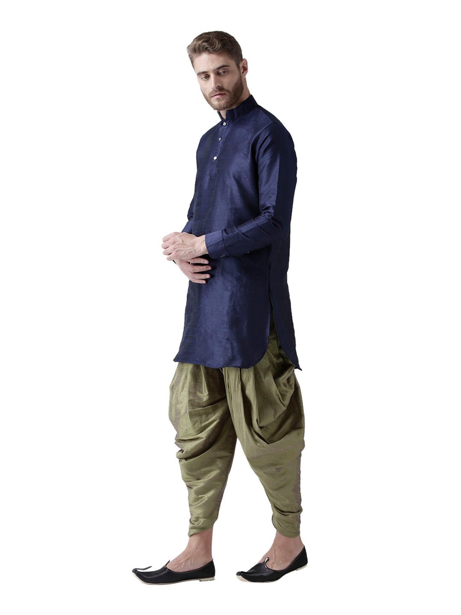 Deyann Navy & Green Mandarin Collar Silk Kurta Set