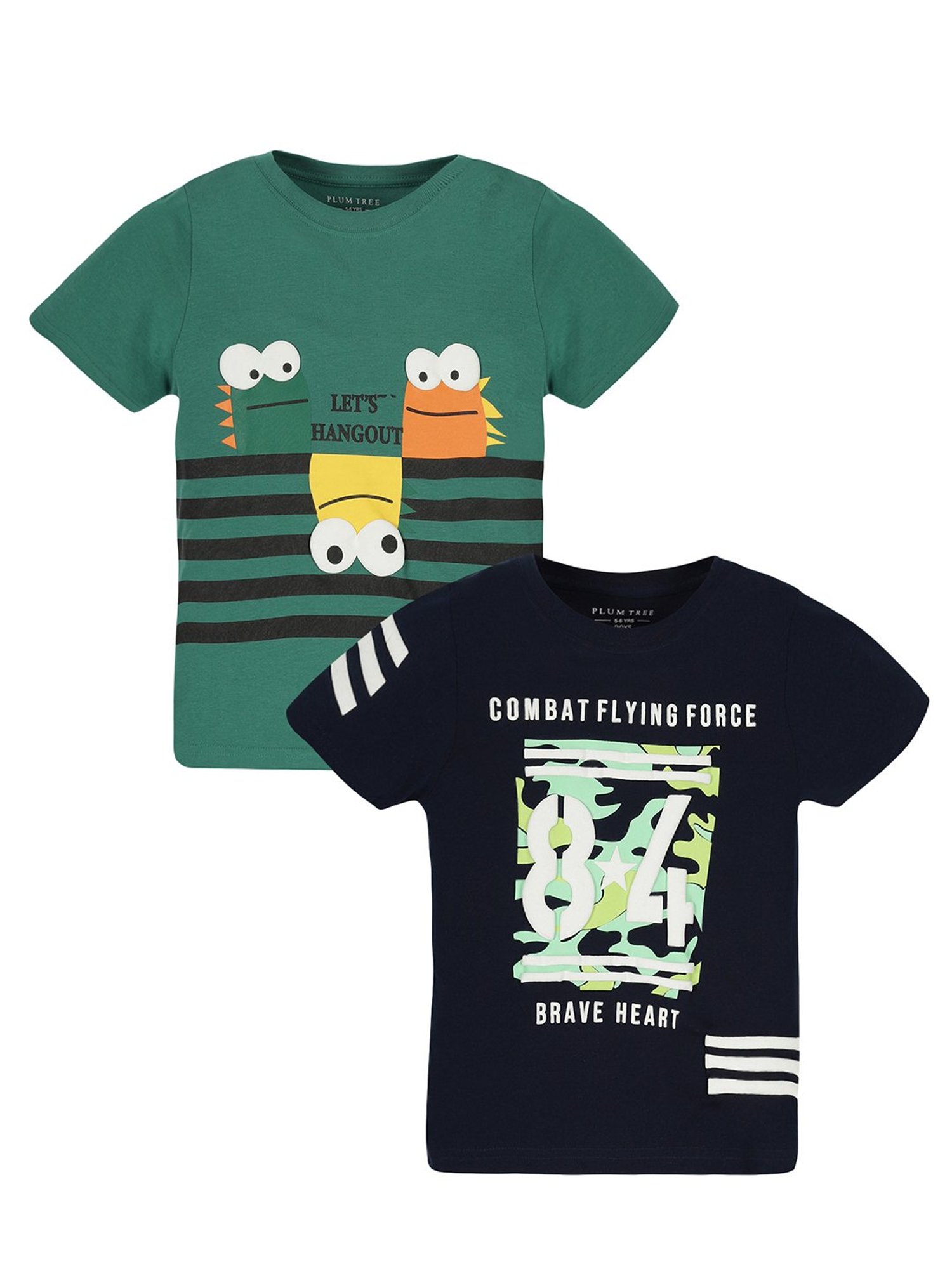 Plum Tree Kids Navy & Green Printed T-Shirt (Pack Of 2)