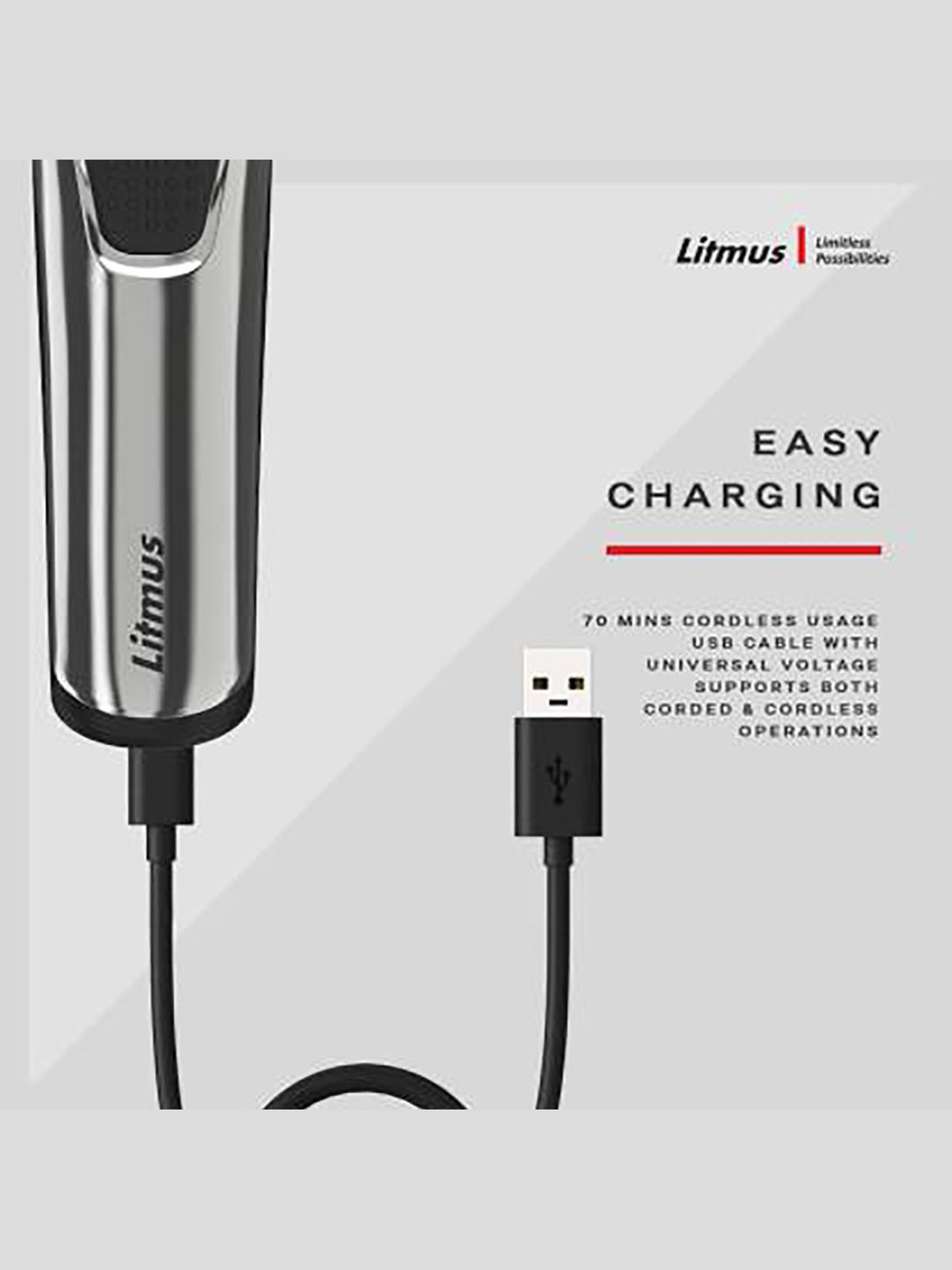 Litmus Precision PT-101 3W Corded and Cordless Trimmer for Men (Silver/Black)