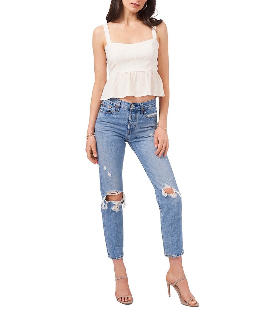 1. STATE Crinkle Knit Cropped Square Neck Sleeveless Peplum Top