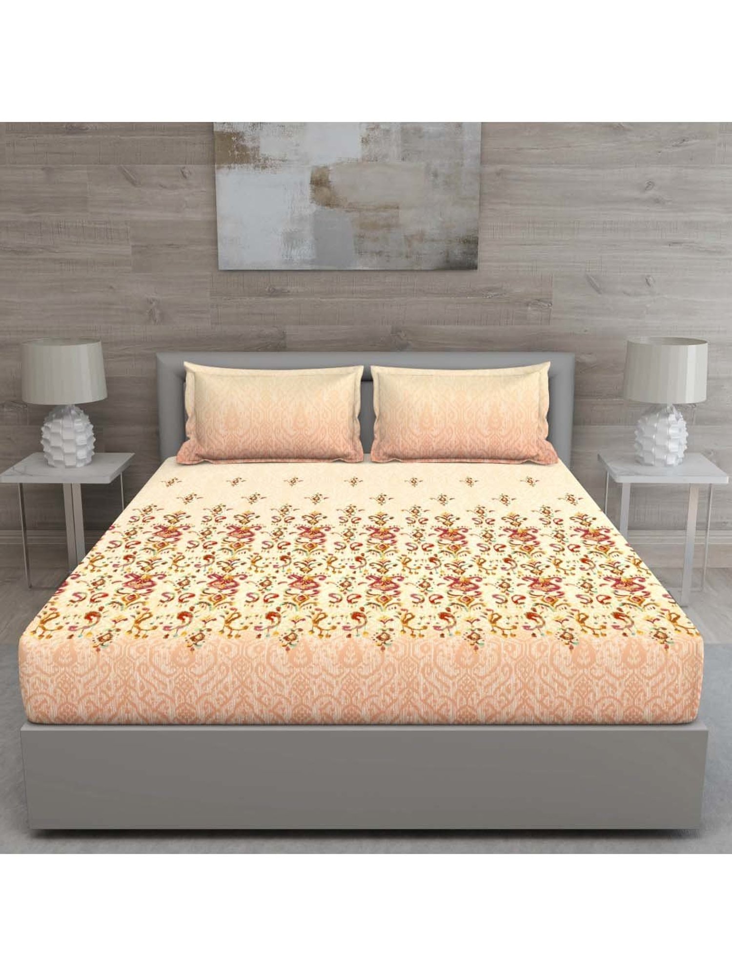 GM 'Matthiola' Beige & Red Cotton 150 TC Double Bedsheet with 2 Pillow Covers