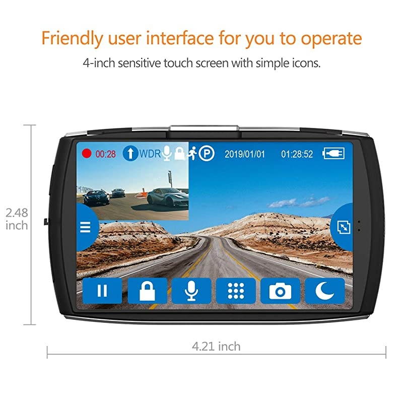 Dual Dash Cam 4.0" Touch Screen Front and Rear Dash Cam FHD 1080P with Night Mode, 32GB Card Included,155 Degree Wide Angle, WDR, G-Sensor, Loop Recording, Support 256GB Max