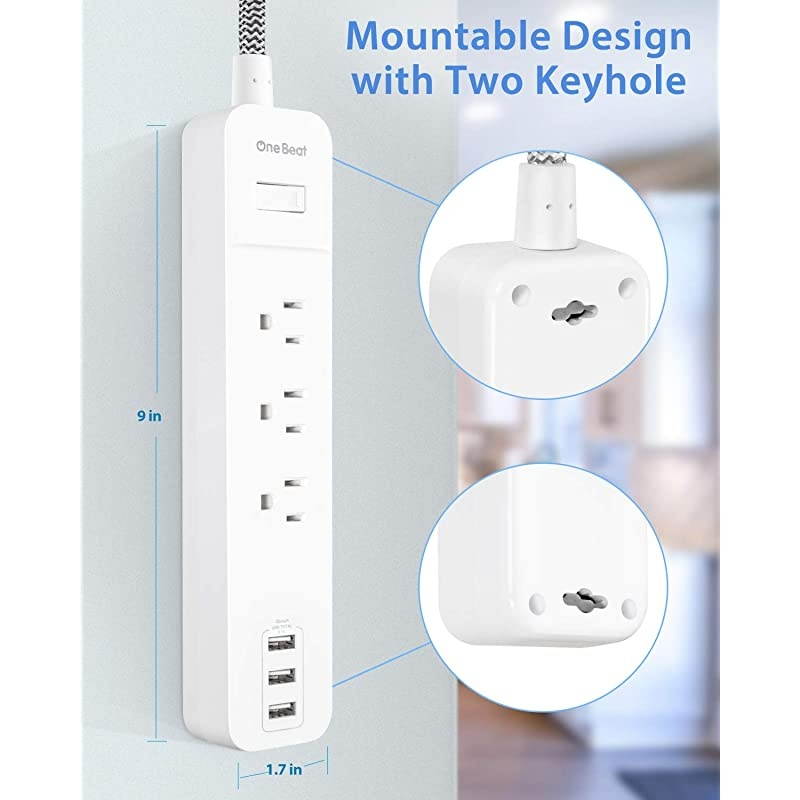 Strip with 3 Outlets and 3 USB Ports1625W13A ETL Listed Wall Mountable with 5Ft Braided Extension Cord Overload Protection for CruiseHomeOfficeTravel