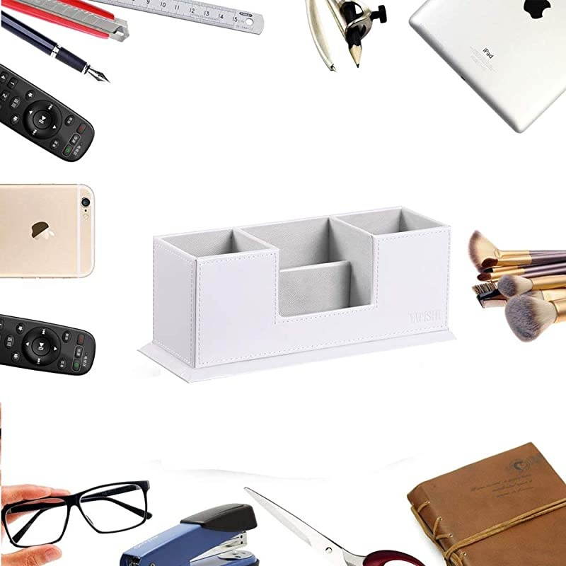 PU Leather Desk Organizer with 4 Compartments, Card/Pen/Pencil/Mobile Phone Stand Office Supplies Holder Desktop Remote Caddy, Home and College Dorm Decor Accessories Storage Box for Women