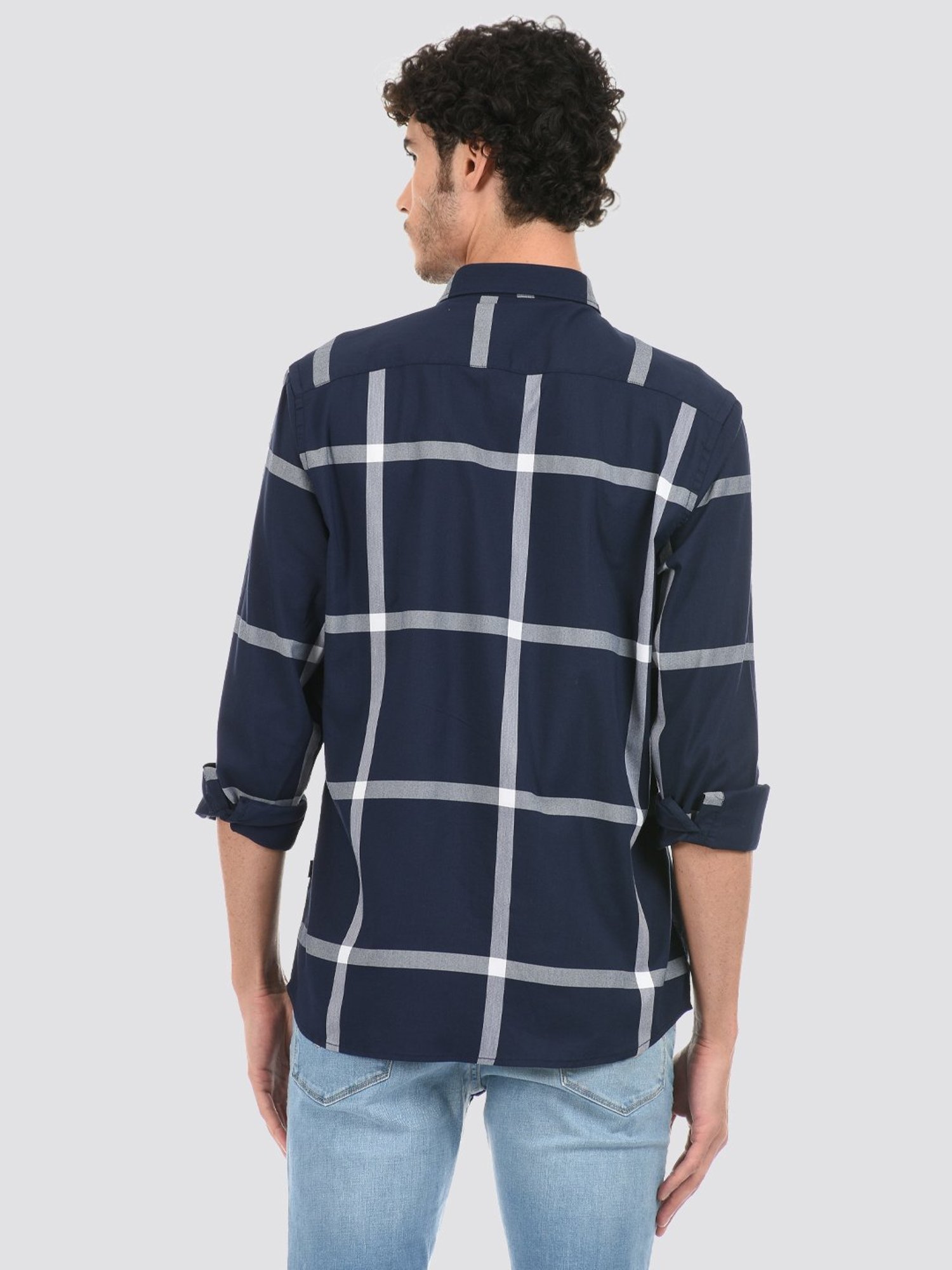 London Fog Navy Blue Regular Fit Checks Shirt