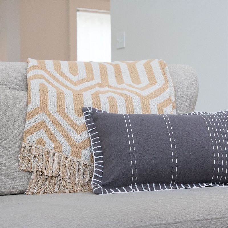 Mustard and Cream Pattern Hand Woven 50 x 60 inch Cotton Throw Blanket with Hand Tied Fringe - Foreside Home & Garden