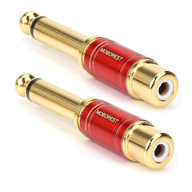 1/4 in to RCA Female Pure Copper Adapter, 6.35mm Mono TS Plug Male 1/4 inch to RCA Female Stereo Interconnect Audio Adapter, (Red-2Pack)