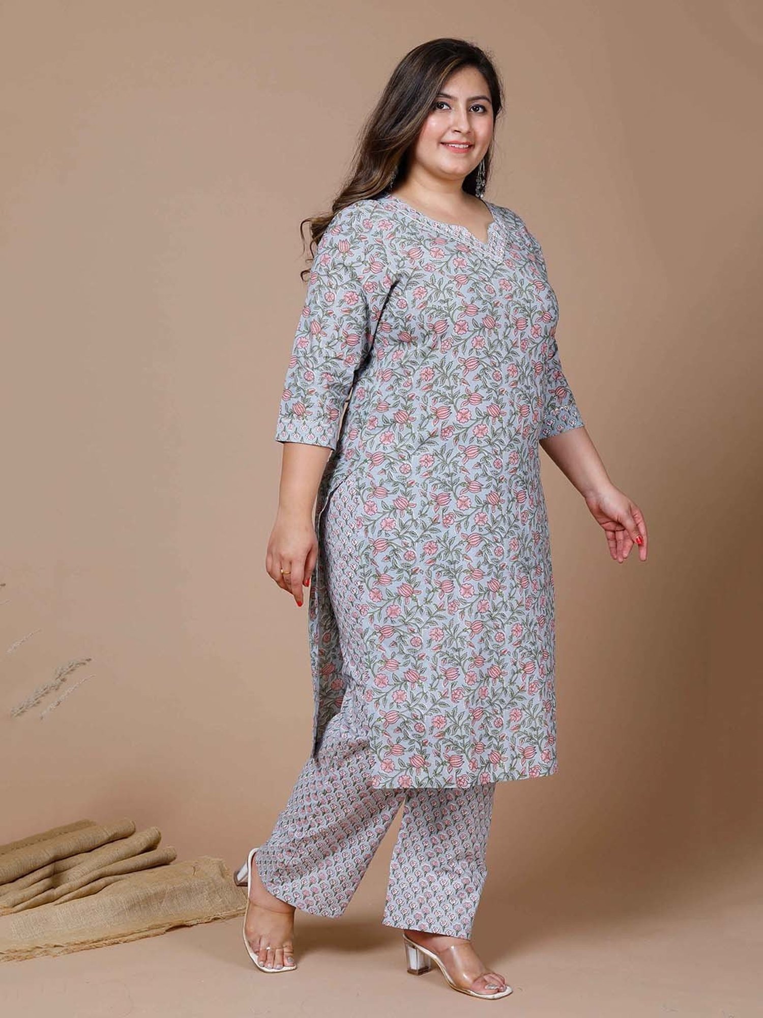 Miravan Blue Floral Print Plus Size Kurta & Palazzo Set
