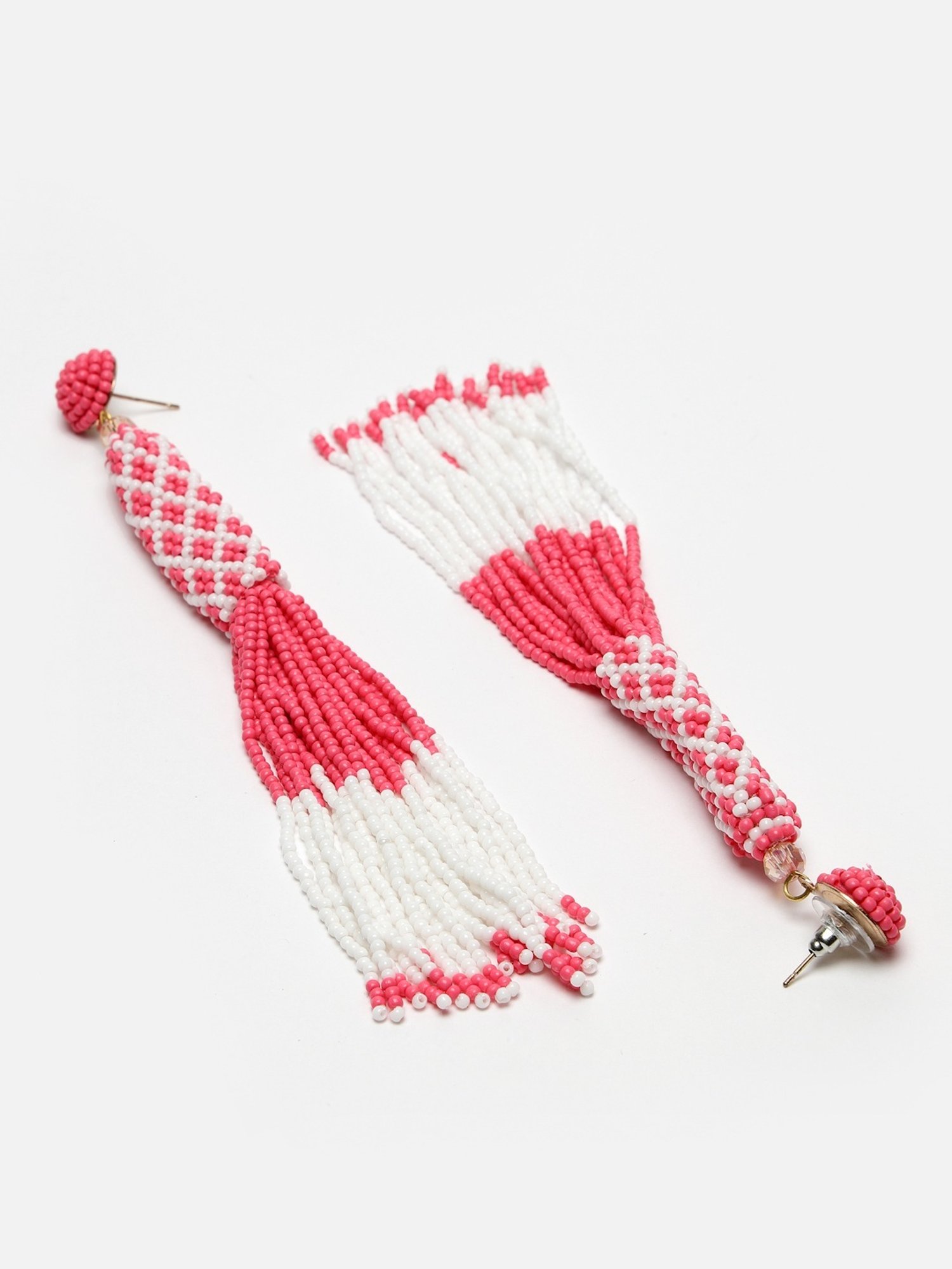 Moedbuille Pink and Off White Beads Contemporary Tasselled Design Gold Handcrafted Earrings