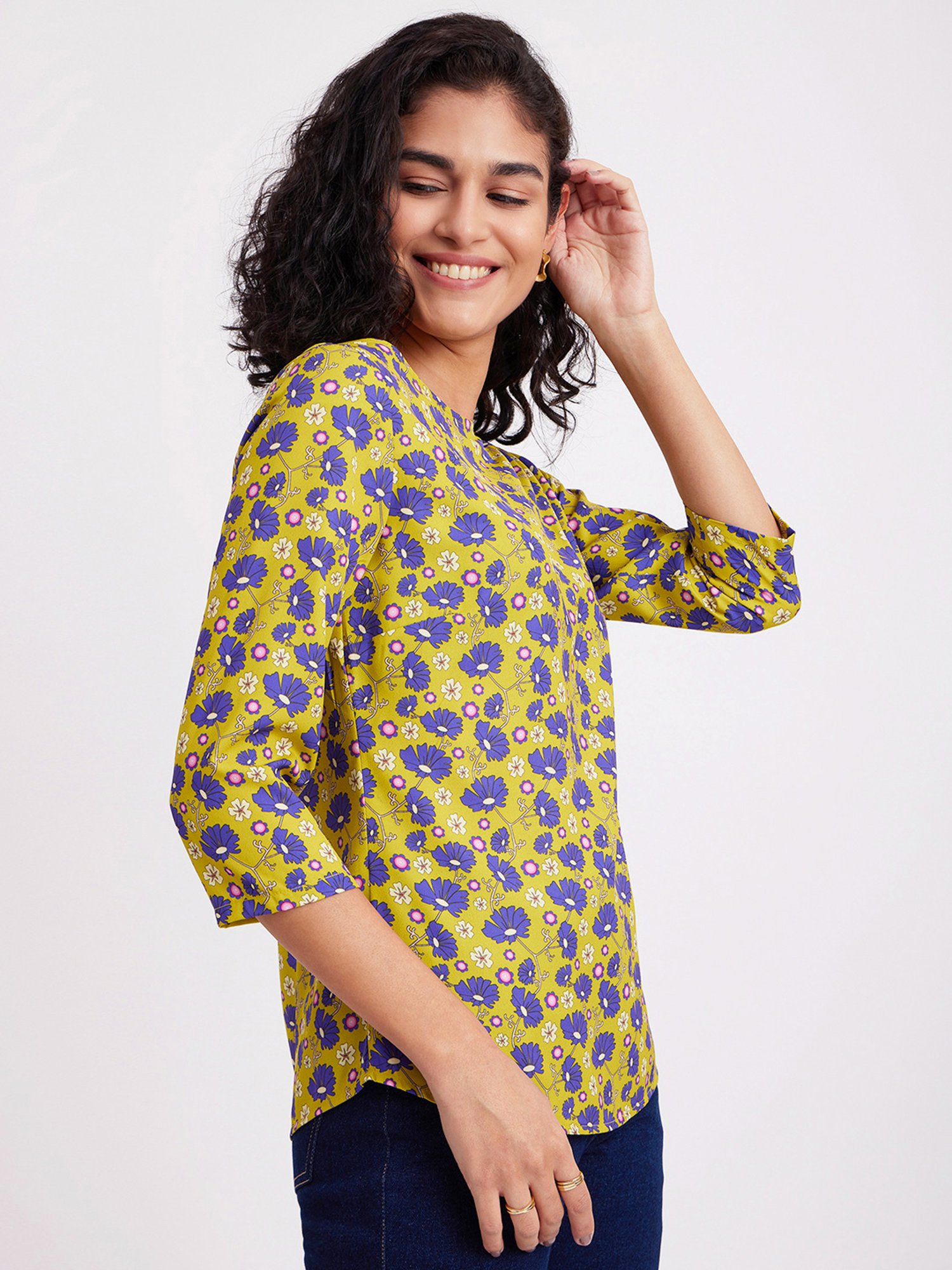 Fablestreet Lime Green & Purple Floral Print Top