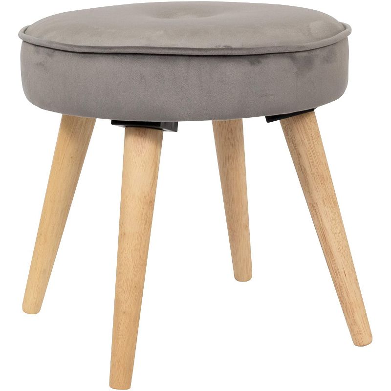 Living Essentials Alannah Stylish Upholstered Cushioned Velvet Fabric 15.75 Inch Round Footrest Ottoman Stool Seat with Pine Wood Legs, Gray
