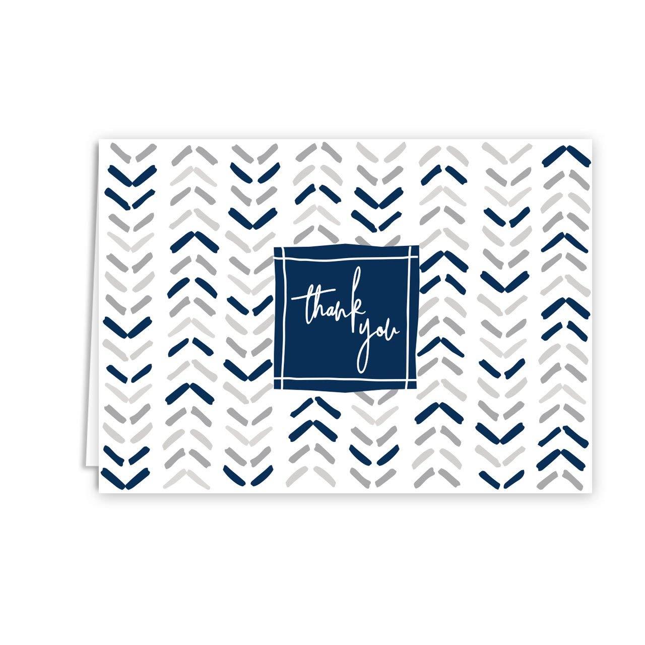 Navy Patterns Thank You Folded Assortment Card Pack - Set of 36 Cards, 6 Designs - 6 Cards per Design, 4 7/8'' x 3 1/2''. Blank Inside. Made in The USA. Blank White envelopes Included.
