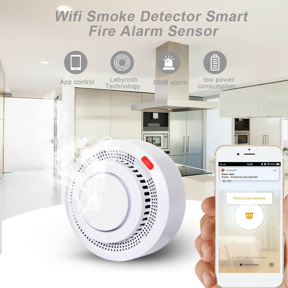 Wifi Smoke Detector Smart Fire Alarm Sensor Wireless Security System Smart Life Tuya APP Control Smart Home For Home Kitchen/Store/Hotel/Factory