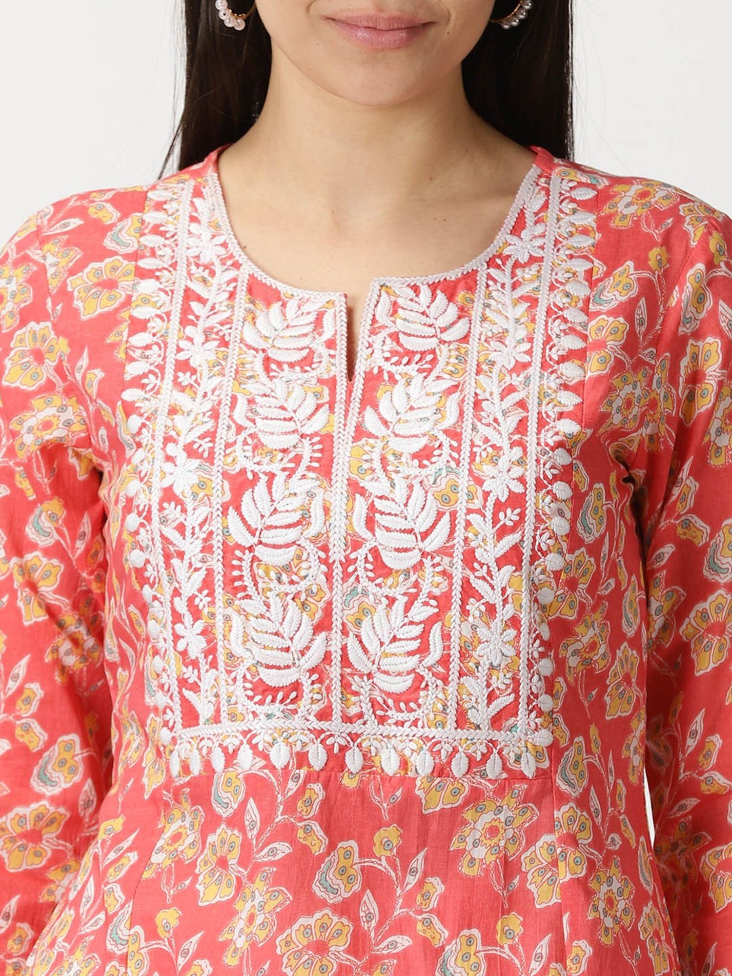 Saffron Threads Coral Cotton Floral Print A Line Kurta