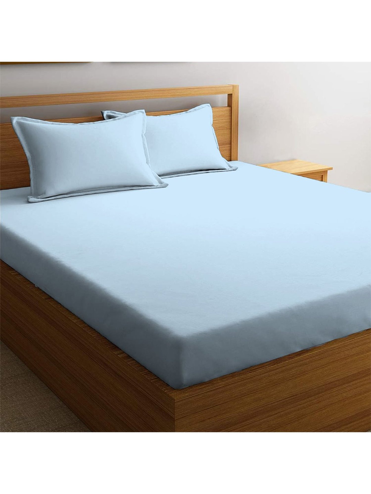 Pizuna Sky Blue 400TC Cotton Fitted Bed Sheet with 2 Pillow Covers