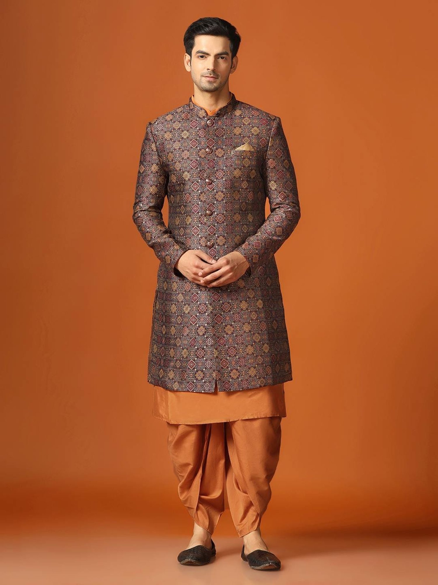 KISAH Mid Maroon Regular Fit Self Pattern Sherwani Set