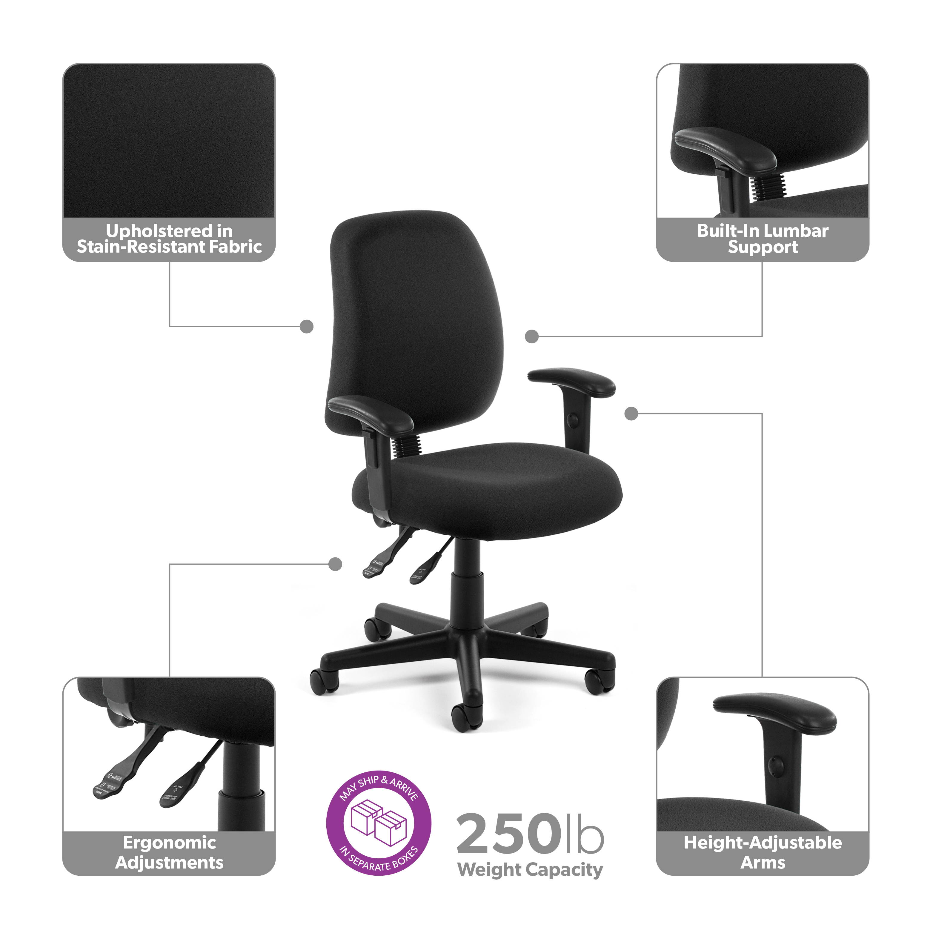 OFM Posture Series Mid-Back Task Chair with Arms, in Black (118-2-AA-805)