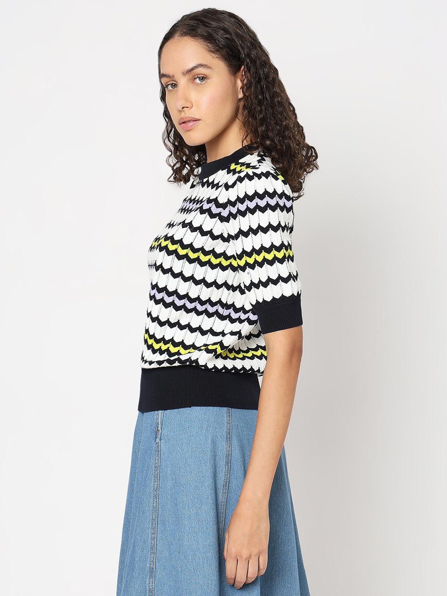 Vero Moda White & Black Cotton Self Design Top