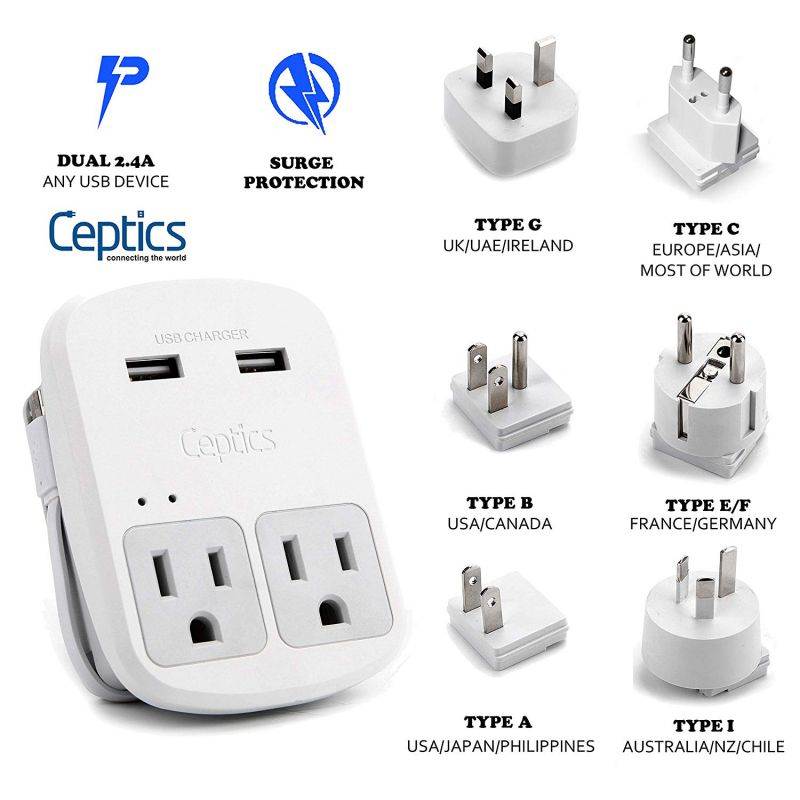 Ceptics World Travel Adapter Kit  - Dual USB + 2 US Outlets, Surge Protection, Plugs for Europe, UK, China, Australia, Japan - Perfect for Laptop, Cell Phones, Cameras - Safe ETL Tested (WPS-2B+)