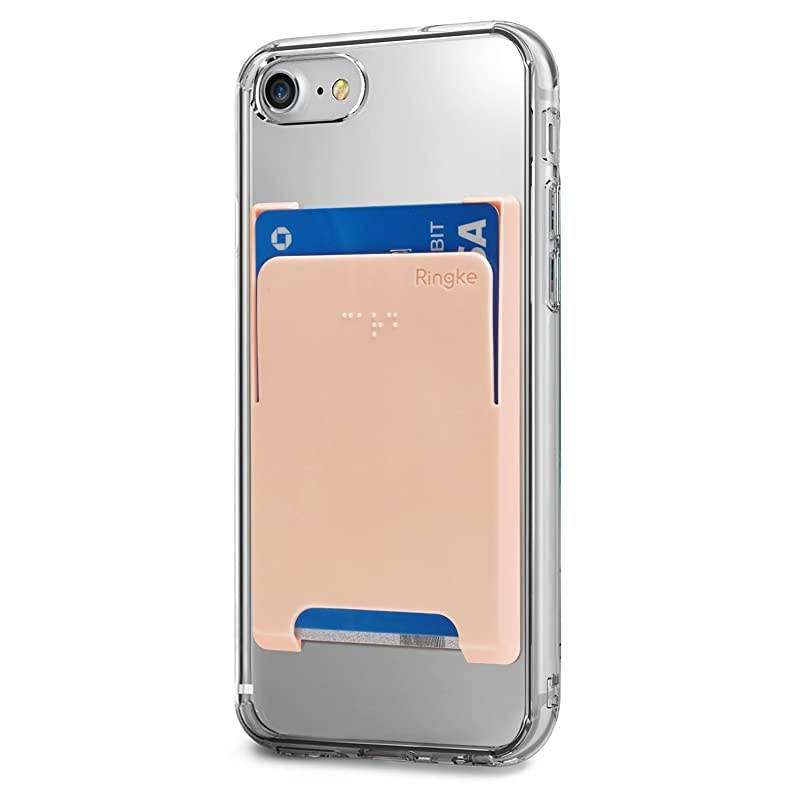 Slot Card Holder Adhesive Stick On Wallet Case Minimalist Slim Hard Premium Credit Card Cash Sleeve Compatible with Most Smartphones Peach Pink