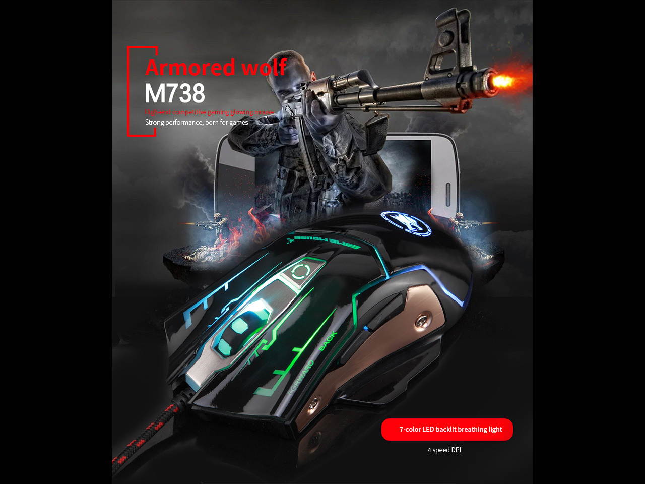 M738 Gaming Mouse Wired Breathing Light Ergonomic Game USB Computer Mice Multicolor Gamer Desktop Laptop PC Gaming Mouse, 6 Buttons Gaming Mice for Windows 7/8/10/XP Vista Linux Black