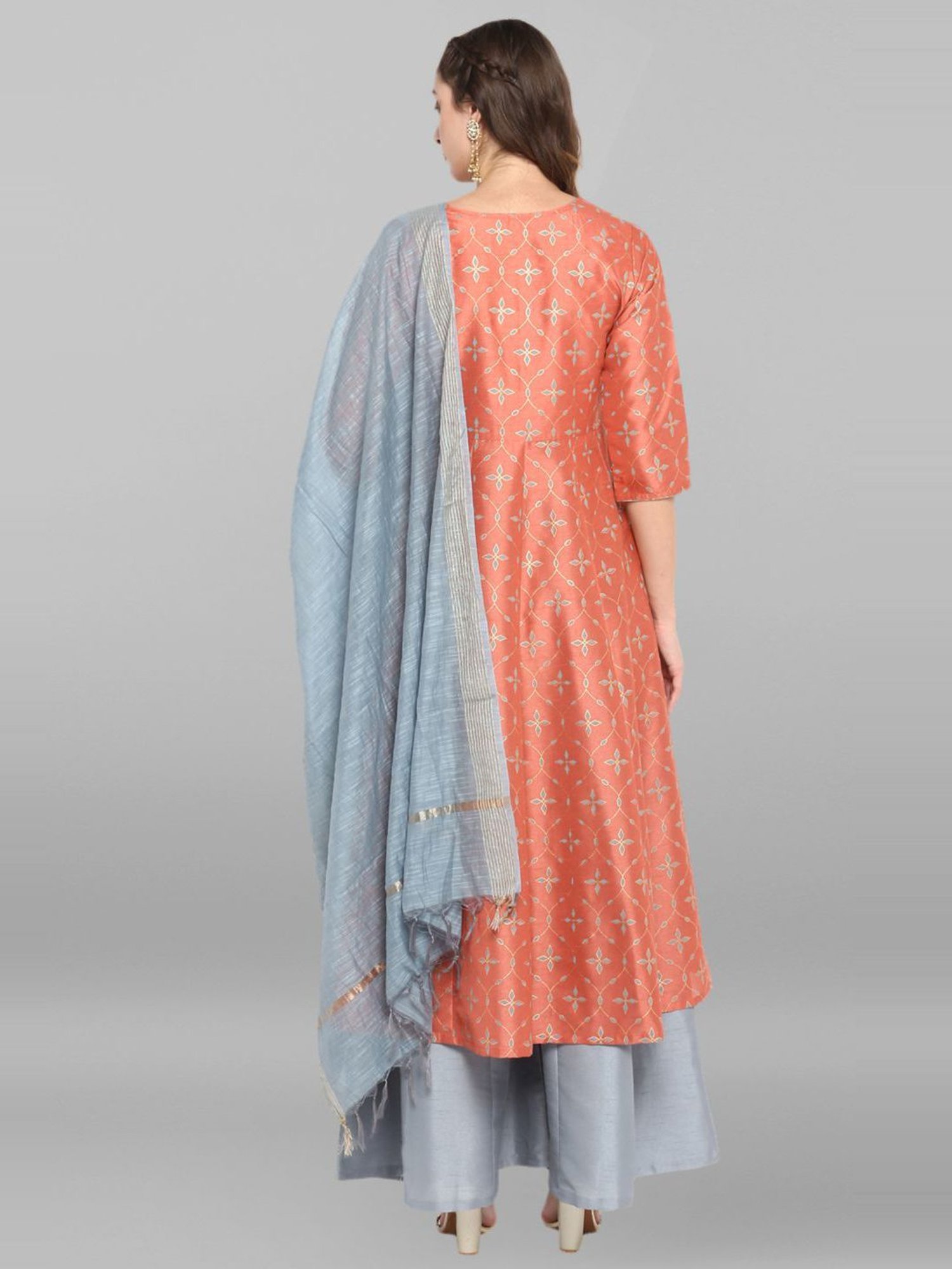 Janasya Peach & Grey Printed Kurta Palazzo Set With Dupatta