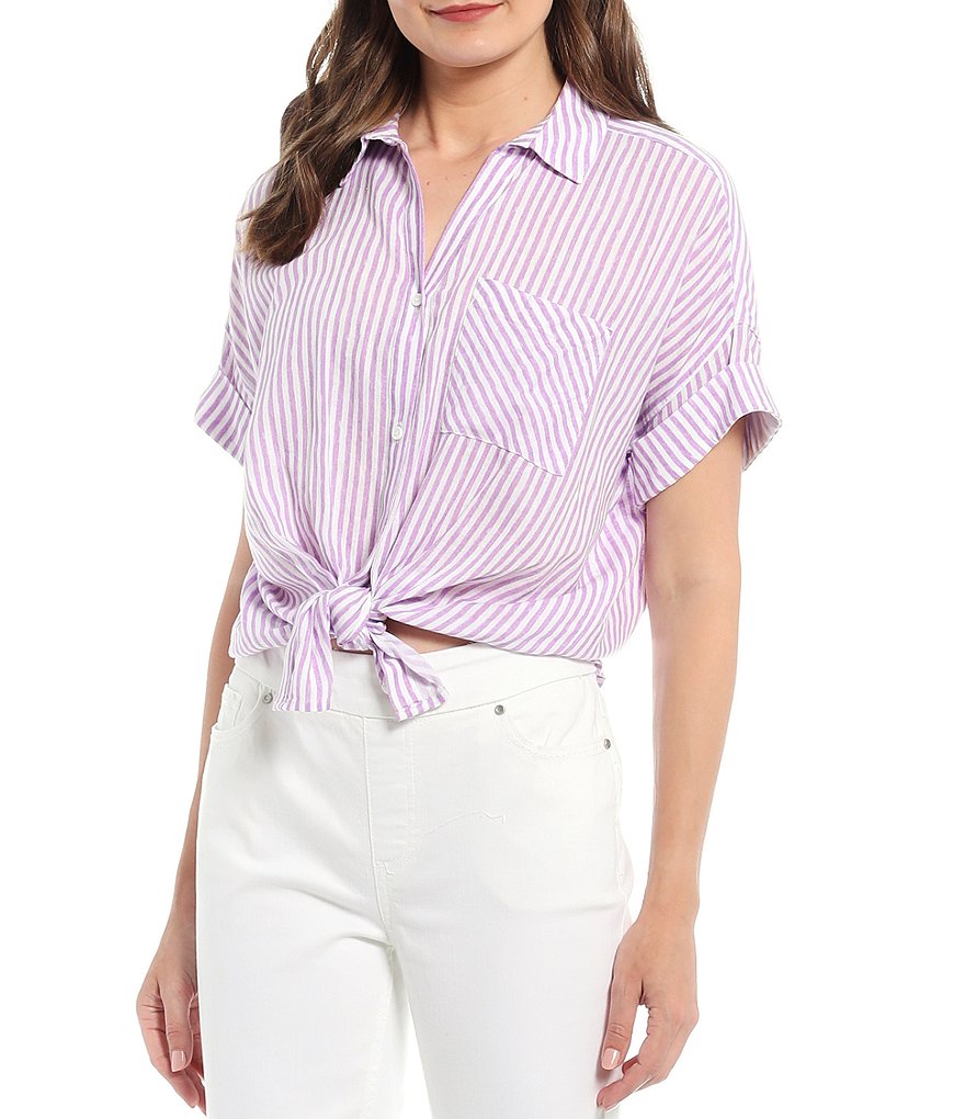 Westbound Petite Size Textured Stripe Drop Shoulder 1 Pocket Shirt