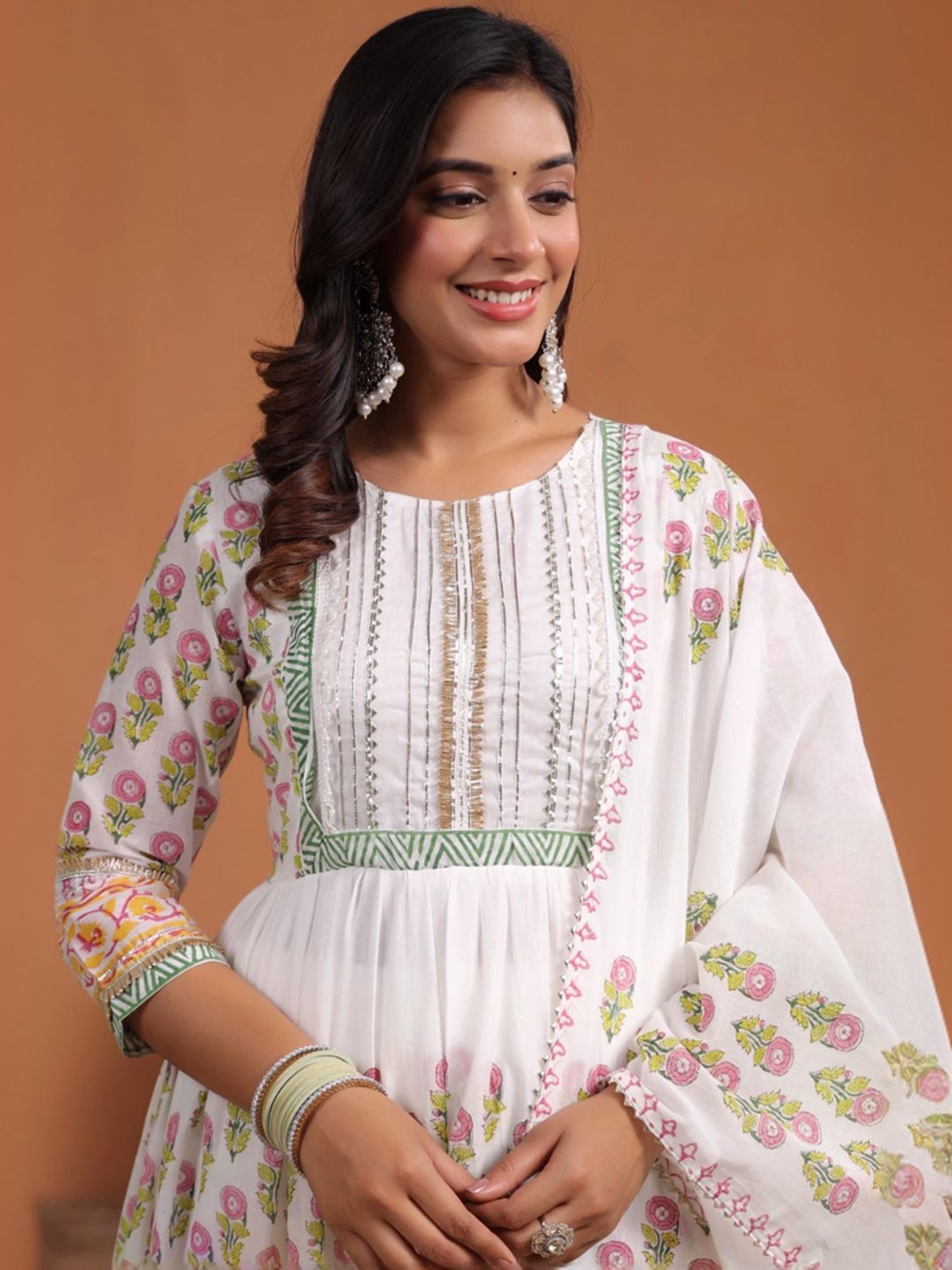 SCAKHI White Cotton Floral Print Kurta Pant Set With Dupatta