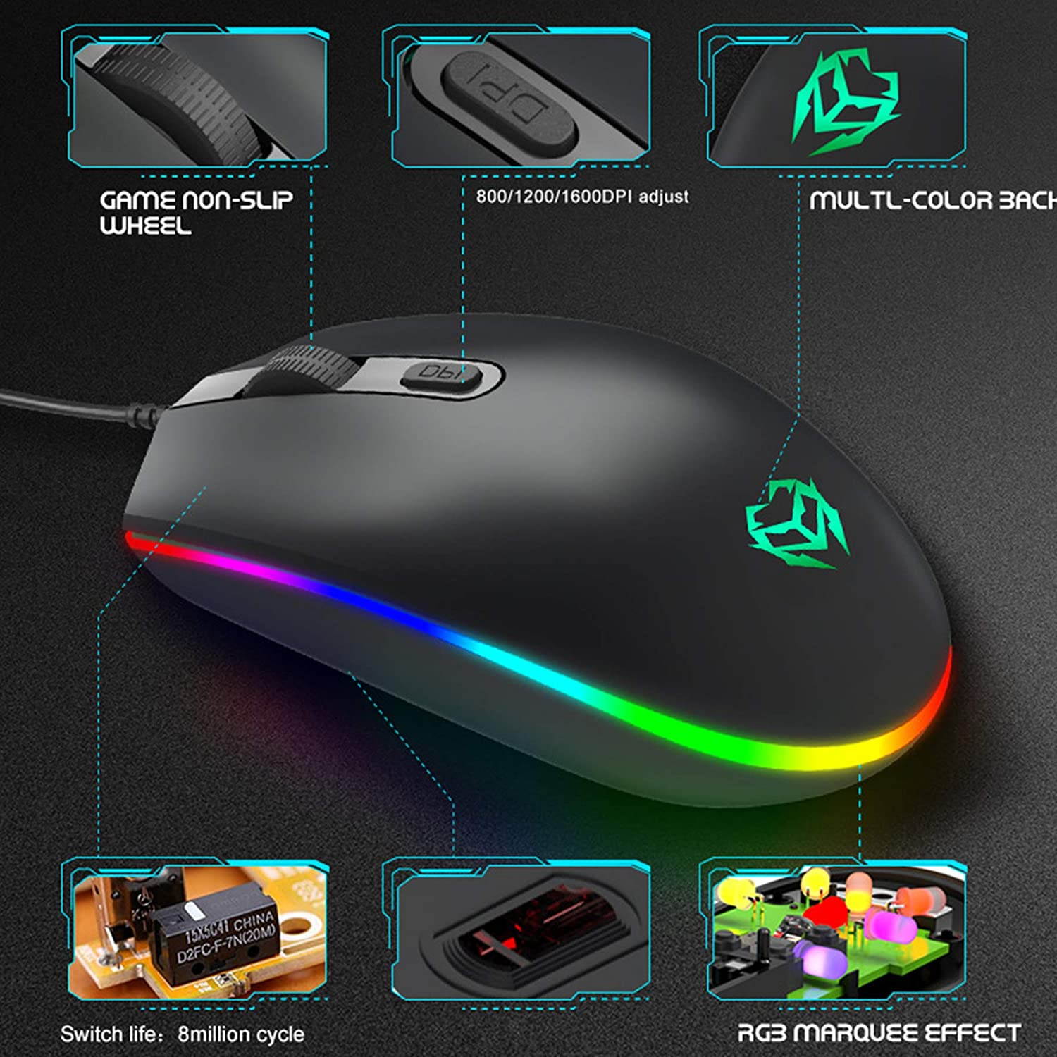 USB Wired Mouse, RGB Optical Silent Computer Game Mouse,1600 DPI Office and Gaming Mice,for Windows PC, Laptop, Desktop, Notebook (Black)