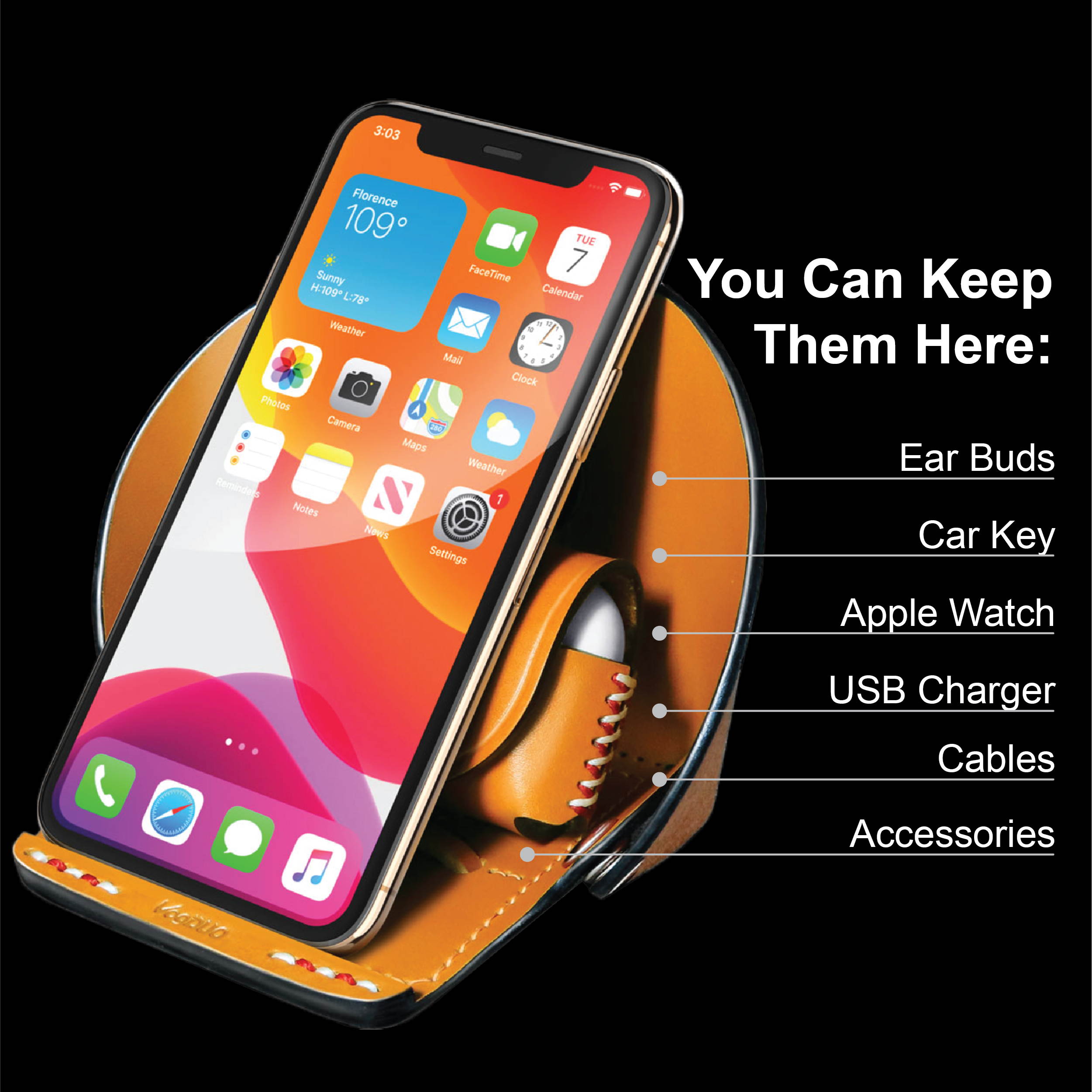 VogDUO- Genuine Leather Stand, MagSafe Charger cable-secured design, Foldable, lightweight, multi-angle, Compatible with iPhone 8 to iPhone 12 Pro Max, Google Pixel, Samsung Galaxy